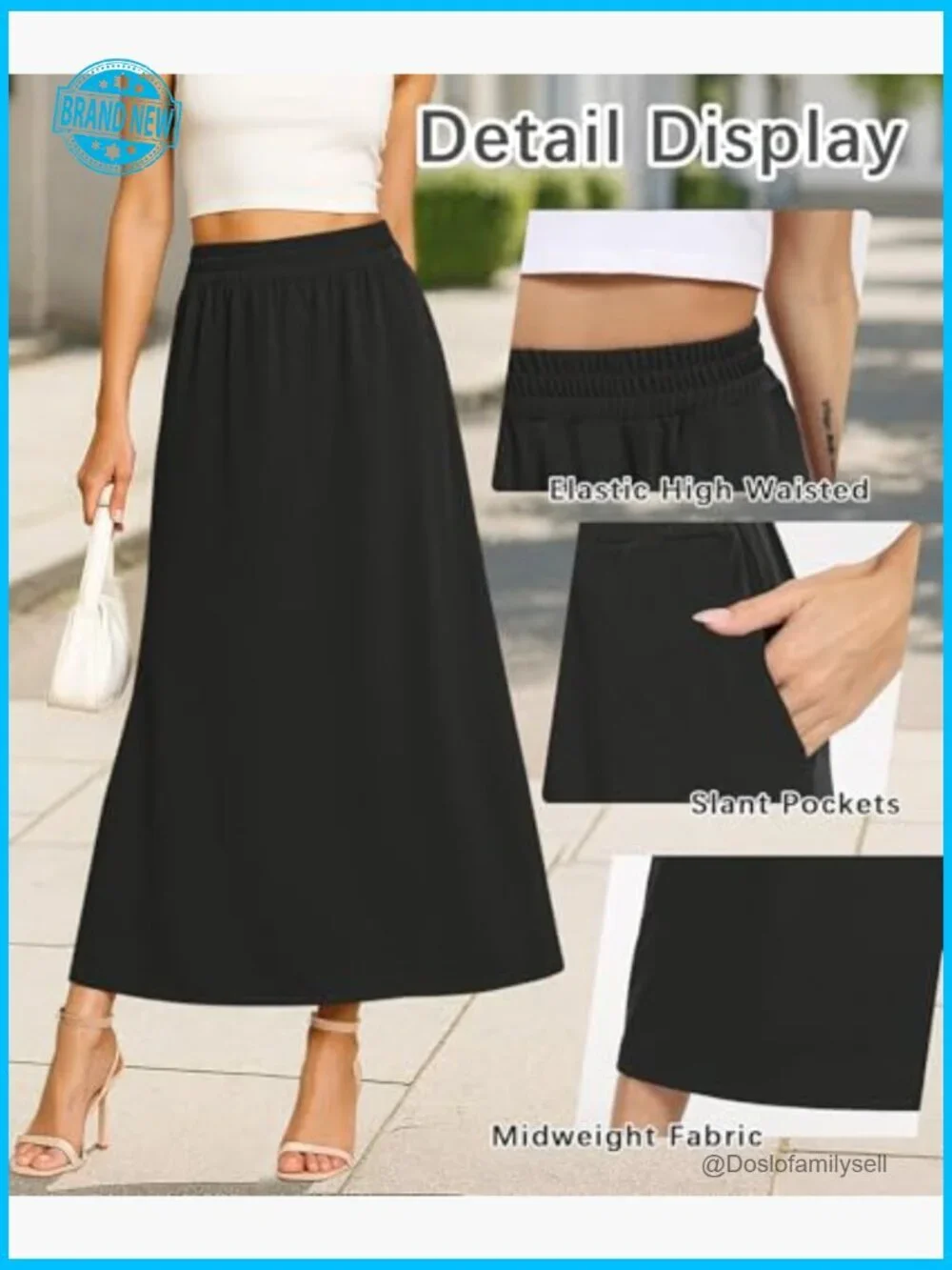 Flowy Maxi Skirt Elastic High Waisted A-Line Long Skirt with Pockets Trendy